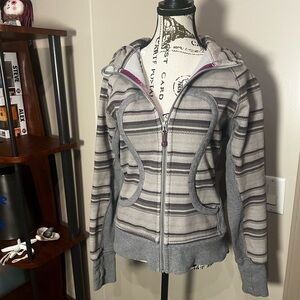 Lululemon Gray Striped Hooded Zip Sweater with Purple Accents